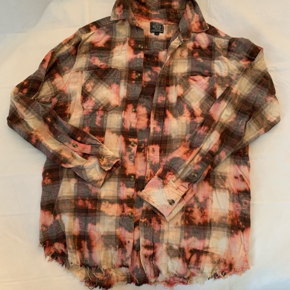 Acid Bleach stained Distressed Black Jack Flannel Pink Brown White Size Medium